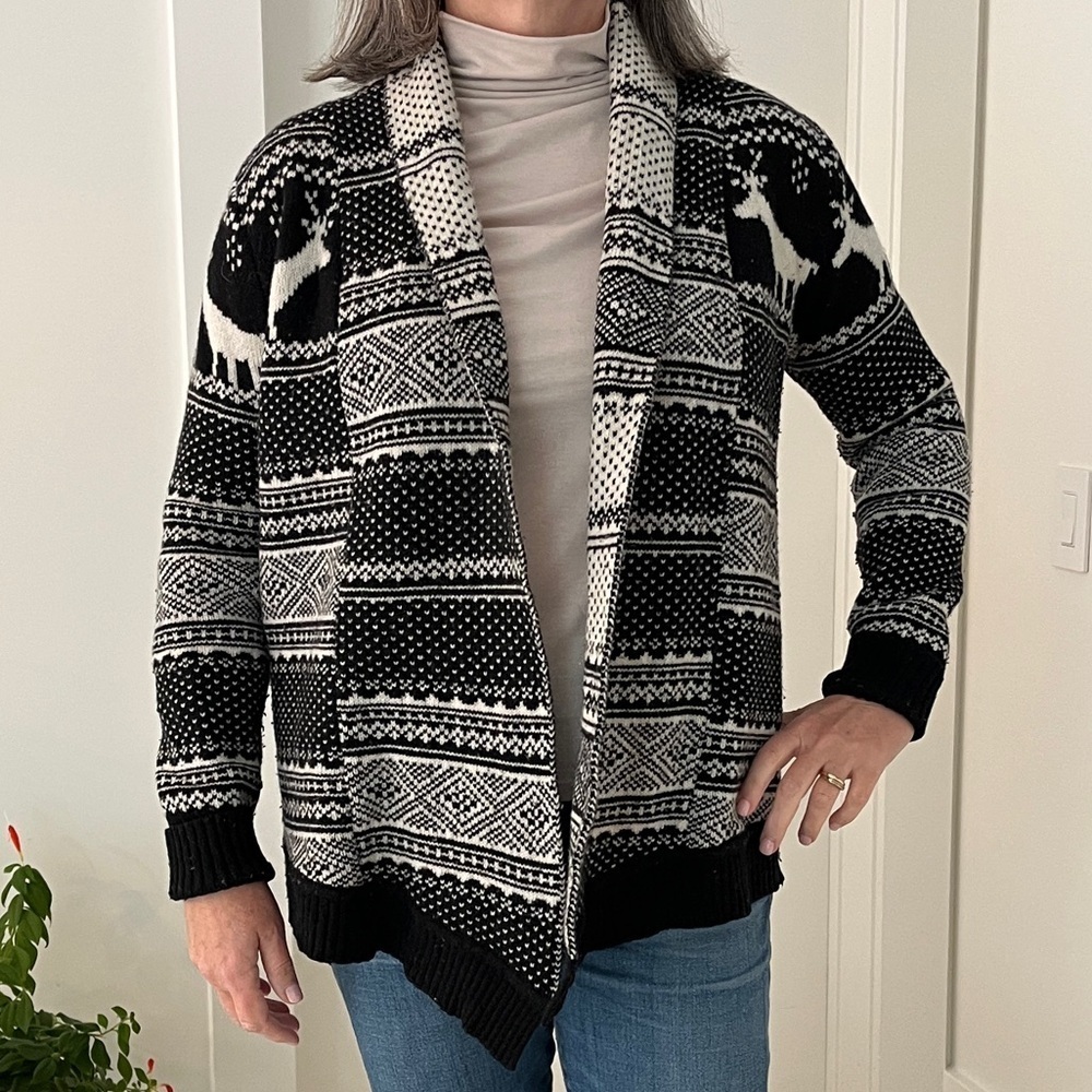 TELLURIDE CLOTHING Sweater Open Front Cardigan Deer Nordic Pattern Lambswool - Picture 7 of 17
